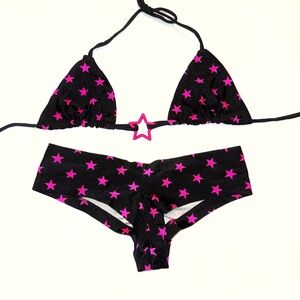 FOLTER BLACK HOT PINK STAR PRINT TRIANGLE BIKINI TOP BOTTOM SET